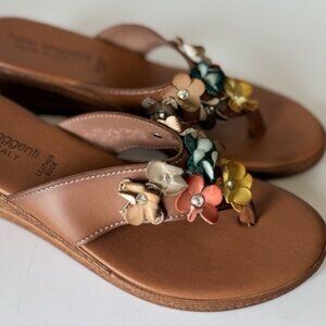 Fabio Maggenti Women's 9 Wedge Floral Sandals Flip Flops Leather Made In Italy